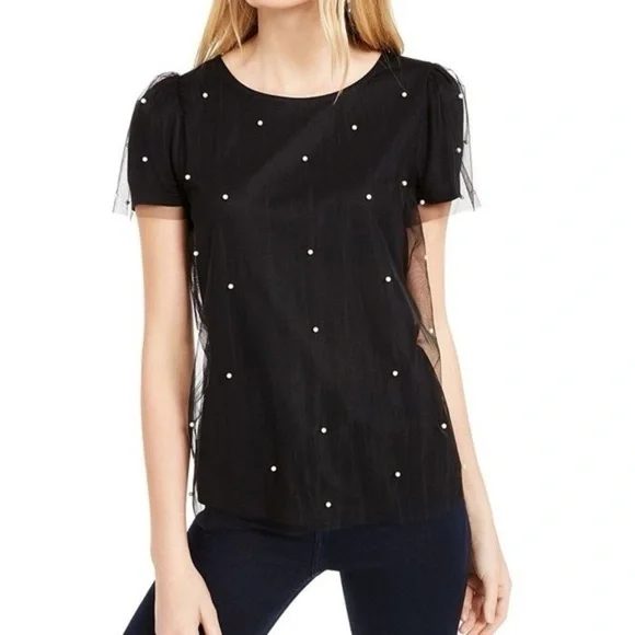 INC International Concepts Black Embellished Blouse with Sheer Sleeves - Picture 8 of 9